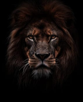 Close-up of lion head on dark background. Selective focus.