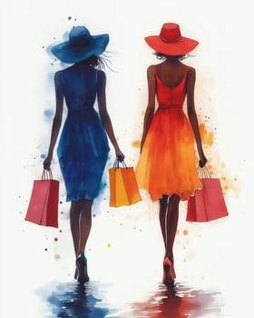 Watercolor, stylishly dressed girls with bags on a white background. Selective focus.
