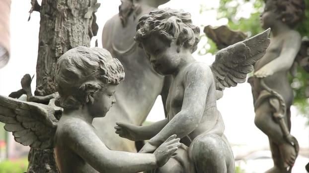 This video features cherubic statues in tranquil settings like a cemetery and park, capturing their intricate details and promoting peace