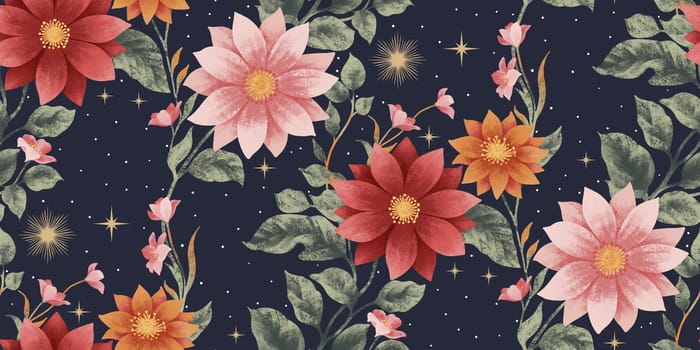 Seamless floral pattern with a dark navy blue background and vibrant flowers in pink, red, and orange colors, green leaves and celestial elements. Ideal for wallpapers, textiles, decorative prints.