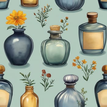 Seamless pattern, illustration with an assortment of perfume bottles. Selective focus.