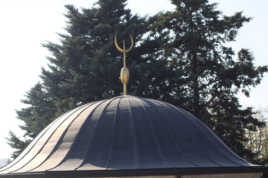 The domed structure features a prominent crescent moon and star at its pinnacle, surrounded by tall evergreen trees under a clear blue sky.