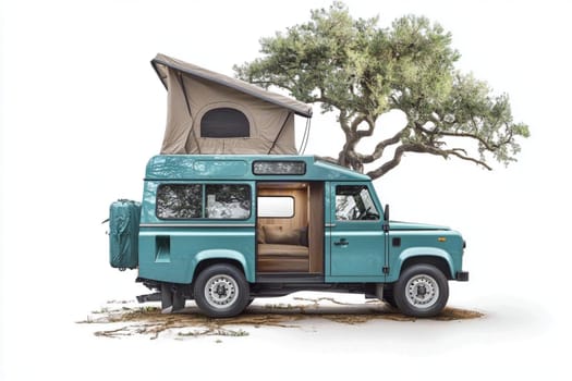 4x4 offroad vehicle is parked on a white background with a rooftop tent deployed. The modern camper van is parked near a tree