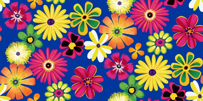 Vibrant Floral Pattern with Stylized Flowers in Yellow, Pink, Orange, Green, and White Colors on Deep Blue Background. Wallpaper Design for Textiles, Fabrics, Papers, Fashion Prints, Wrappings.