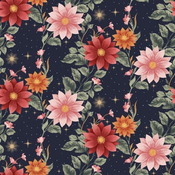 Seamless floral pattern on a dark navy blue background featuring large, detailed flowers in pink, red, and orange, pale green leaves and golden stars. Ideal for wallpapers, textiles, greeting cards.