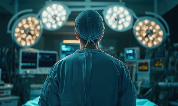 Surgeon in hospital operating room with medical equipment in background, rear view. Selective focus.