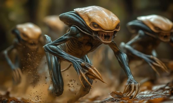 Wild alien creatures running across the landscape. Selective focus.