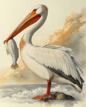 A colorful watercolor painting of a pelican with a fish. Selective focus.
