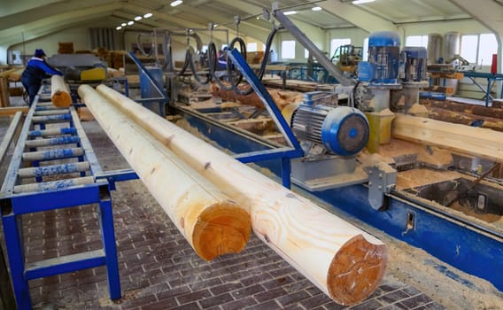 Workers are actively cutting large logs into planks at a lumber mill, highlighting machining equipment and wood shavings on the factory floor.