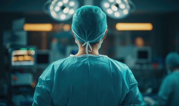 Surgeon in hospital operating room with medical equipment in background, rear view. Selective focus.