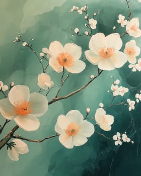 White flowers on a textured green background. Selective focus.