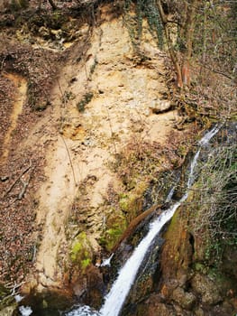 Water flows gracefully over a sloped, rocky surface amidst a tranquil forest. Surrounding foliage adds to the peaceful atmosphere, creating a natural oasis.