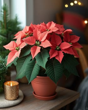 A poinsettia in a vase sits on a table against a blurred background. Selective focus.