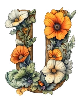 Illustrated alphabet letter U in flowers on a white background. Selective focus.