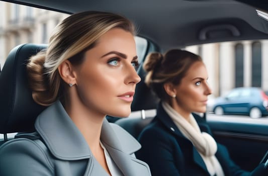 Two women are sitting in a car, engaged in a deep conversation while passing by urban scenery.
