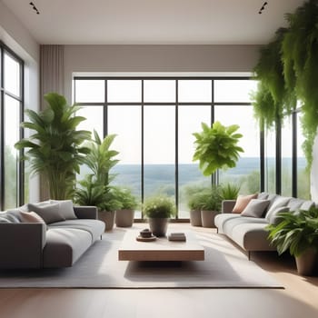 A stylish living room features cozy sofas and abundant greenery with large windows offering a beautiful outdoor vista.