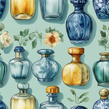 Seamless pattern, illustration with an assortment of perfume bottles. Selective focus.
