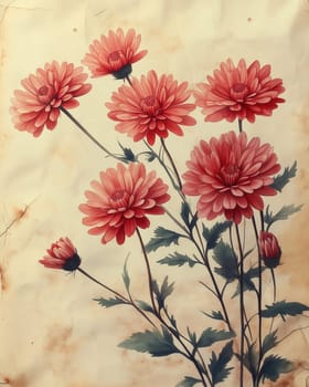 Delicate chrysanthemum flowers on a light background, in vintage style. Selective focus.