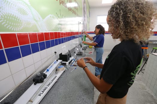 pilao arcado, bahia, brazil - november 13, 2024: students from a public school in the state of Bahia are seen in a science lab