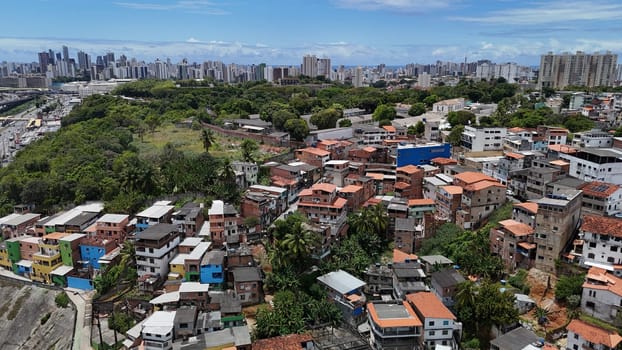 salvador, bahia, brazil - october 16, 2024: Aerial view of housing in a favela community in the city of Salvador.