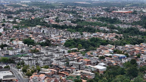 salvador, bahia, brazil - october 16, 2024: Aerial view of housing in a favela community in the city of Salvador.