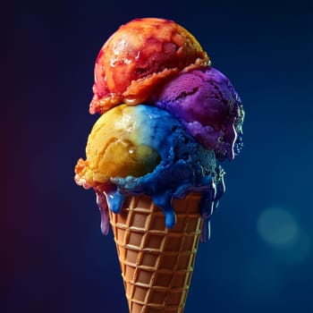 Delicious soft ice cream in a waffle cone on a dark background. High quality photo