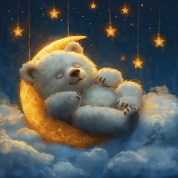 Cartoon bear sleeping on a moon on a blue background. Selective focus.
