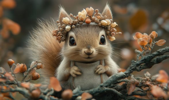 A cartoon squirrel sits in an apron on a branch. Selective focus.