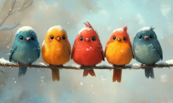 Illustration frozen colorful birds sitting on a wire on a winter day. Selective focus.