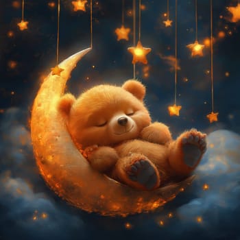 Cartoon bear sleeping on a moon on a blue background. Selective focus.