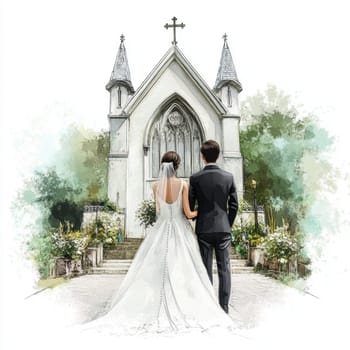 Image of bride and groom near church. High quality photo