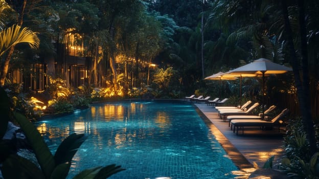 Tropical resort pool at night. High quality photo