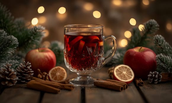 Hot spicy mulled wine on a wooden table. High quality photo