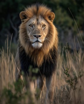 A lion looks at the camera against a natural background. Selective focus.