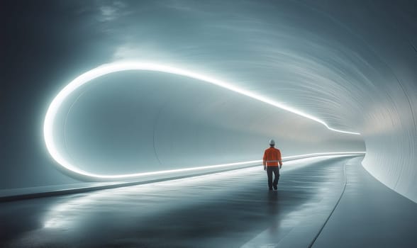 A worker in a hard hat walks in an empty illuminated tunnel. Selective focus.