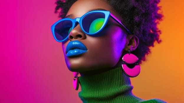 Beautiful dark-skinned woman model in sunglasses on isolated background. Close-up of model's face with bright makeup and blue lipstick. High quality photo
