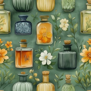 Seamless pattern, illustration with an assortment of perfume bottles. Selective focus.
