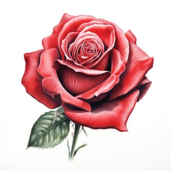 Striking close up of blooming red rose with rich texture and vivid color. Perfect for botanical illustrations, floral art, wedding themes, and romantic projects. Captures essence of romance and grace