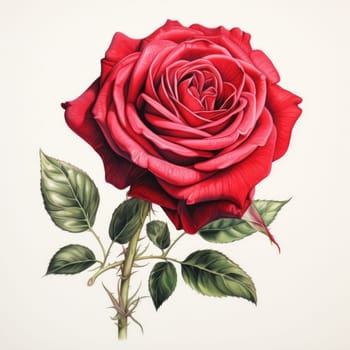 Striking close up of blooming red rose with rich texture and vivid color. Perfect for botanical illustrations, floral art, wedding themes, and romantic projects. Captures essence of romance and grace
