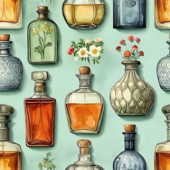Seamless pattern, illustration with an assortment of perfume bottles. Selective focus.