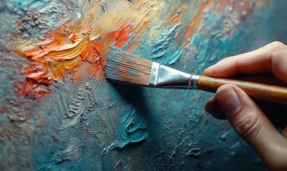 A hand applying paint with a brush to a surface. Selective focus.