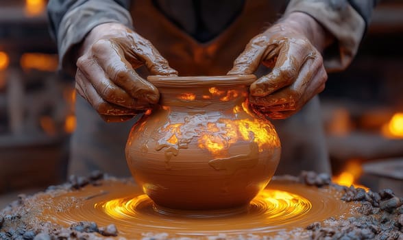A potter shapes clay in a craft studio, creating ceramic pieces. Selective focus.