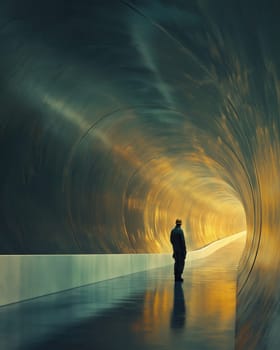 A worker in a hard hat walks in an empty illuminated tunnel. Selective focus.