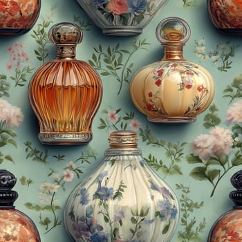 Seamless pattern, illustration with an assortment of perfume bottles. Selective focus.