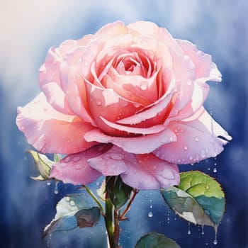 Exquisite red rose with fresh dew drops, set against a soft background. Perfect for romantic themes, nature art, print, or greeting cards. Captures essence of beauty, freshness, and elegance