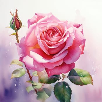 Vibrant red rose in full bloom with budding companion, surrounded by lush greenery. Ideal for botanical art, print, floral designs, and romantic projects. Evokes freshness and natural charm
