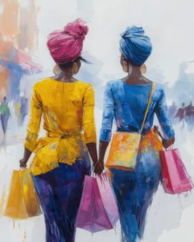 Watercolor, stylishly dressed girls with bags walking down the city street. Selective focus.