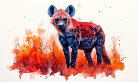 A watercolor drawing of an African hyena on a white background. Selective focus.