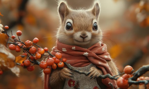 A cartoon squirrel sits in an apron on a branch. Selective focus.