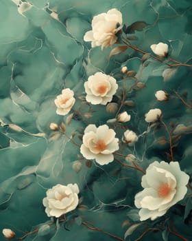 White flowers on a textured green background. Selective focus.